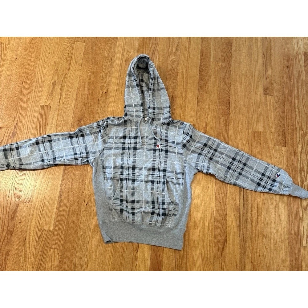Champion Reverse Weave Hoodie Men's Small Gray Plaid Cotton